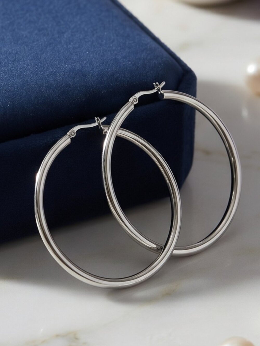Silver Round Hoop Earrings Large 2" White Gold Plated Stainless Steel Minimalist - Picture 15 of 15